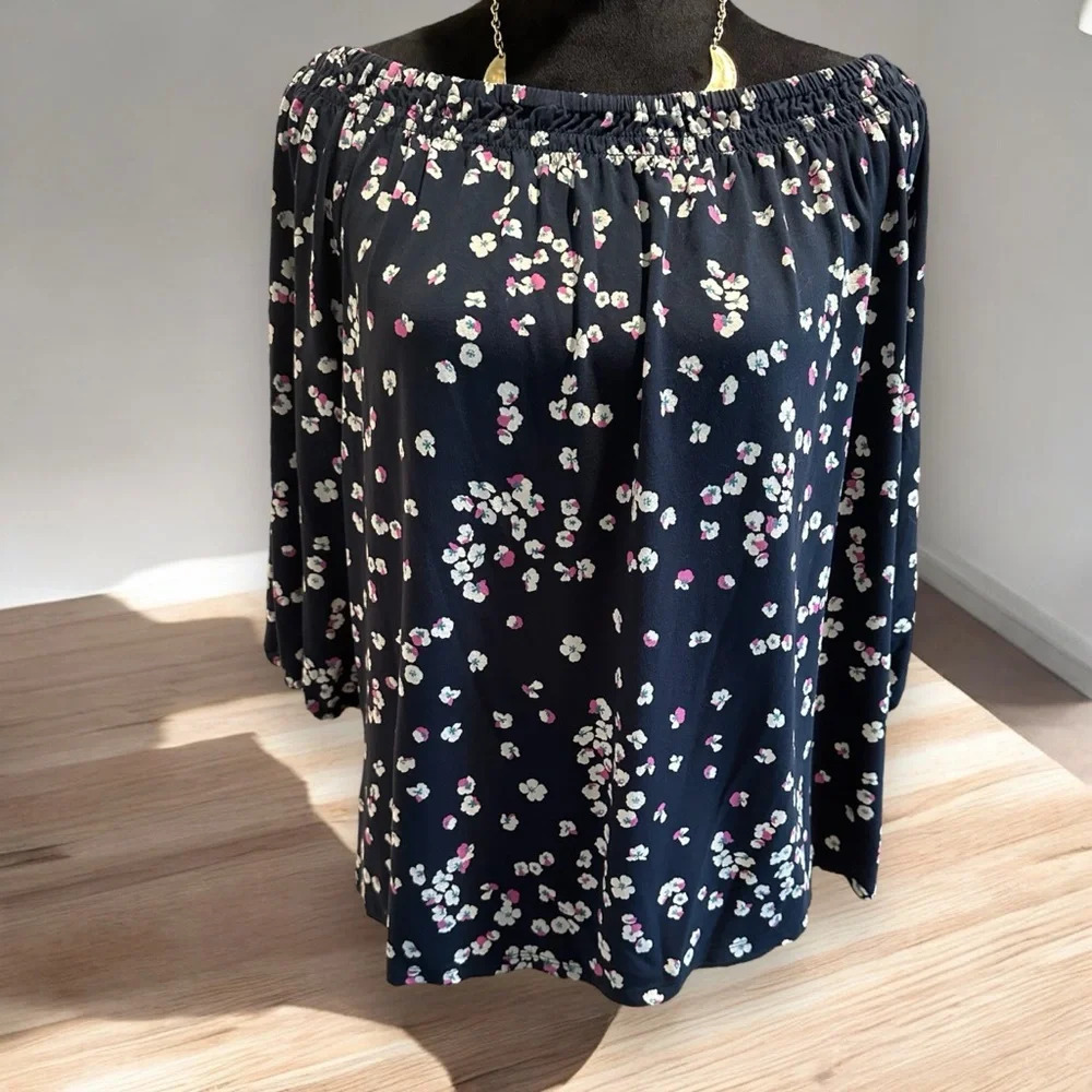 J Jill Wearever‎ Top Womens Size XLP Floral Navy Rayon Spandex Off Shoulder